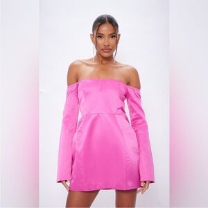 PrettyLittleThing FUSCHIA SATIN CORSET BARDOT BODYCON DRESS Size US 6